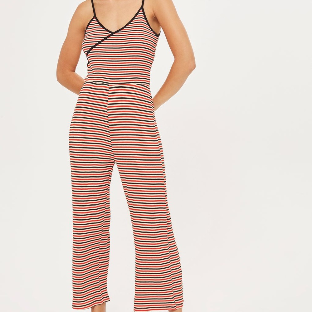 Topshop Red White Navy Blue Stripe Jersey Jumpsuit